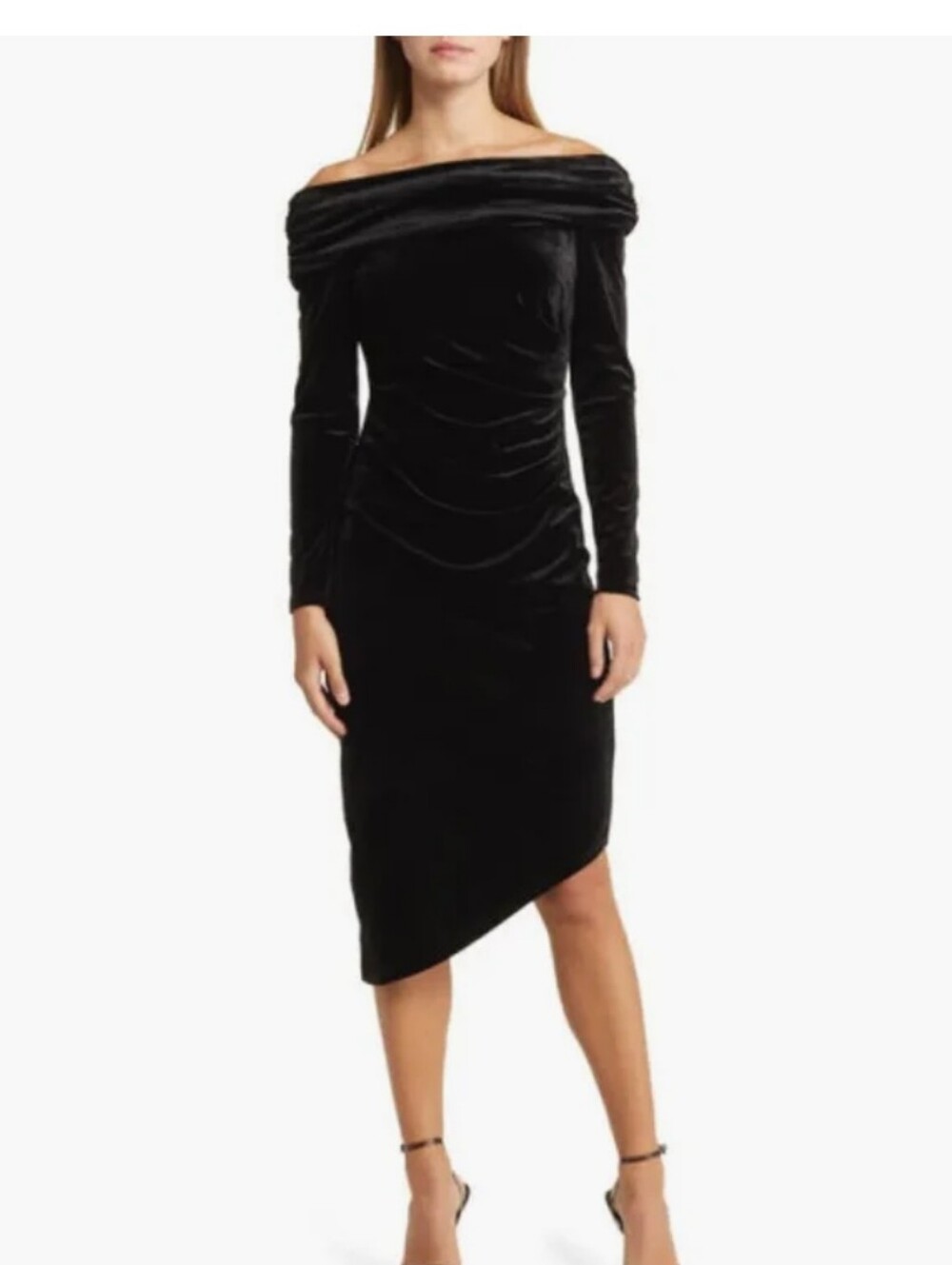 Sam Edelman black Asymmetric Off the Shoulder Long Sleeve Velvet Dress size 8